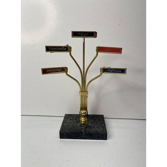 Vintage Brass Desktop Organizer Desk Memo Tree Note Clip Display MCM Marble Base - Picture 1 of 14